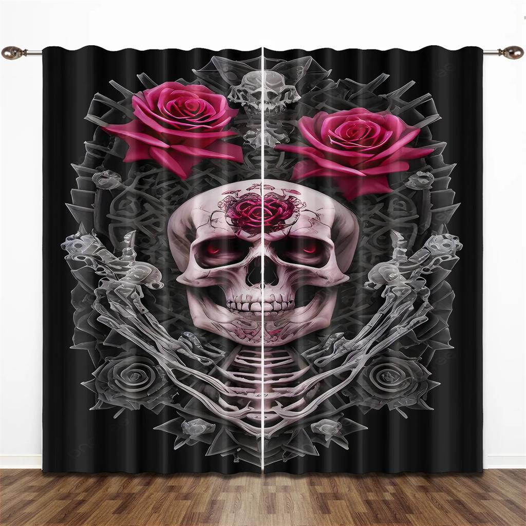King Punk Couple Gothic Horror Female Skull Dead Rose Drapes Light Filtering Window Curtains for Living Room Bedroom 2 Pieces