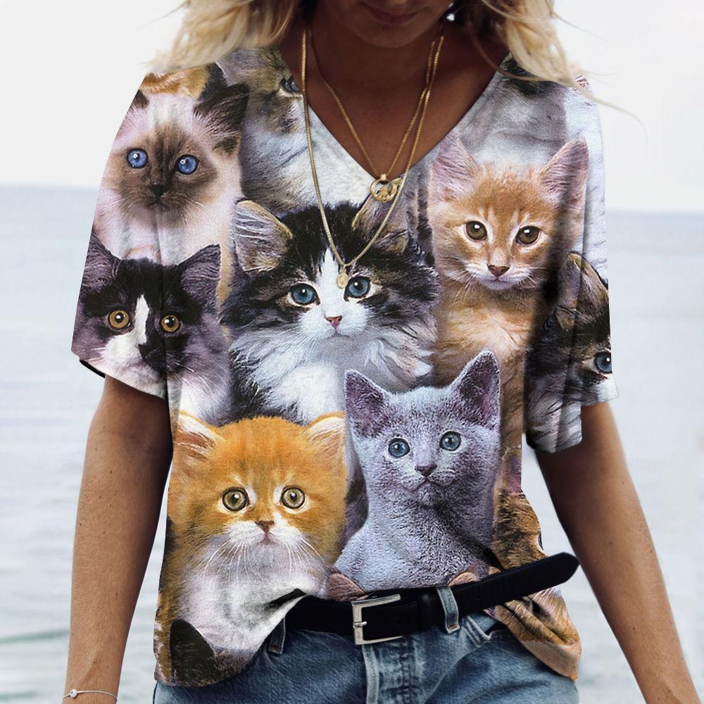 Ladies' V-neck T-shirt, Cat 3D Digital Print Casual Fashion T-shirt, Digital Print Short-sleeved T-shirt