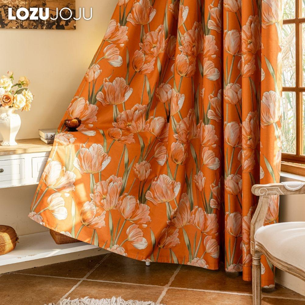 1PC LOZUJOJU European Style Orange Tulip Printed Curtains Fully Blackout Curtain for Bedroom Living Room Balcony Window for Home Decor