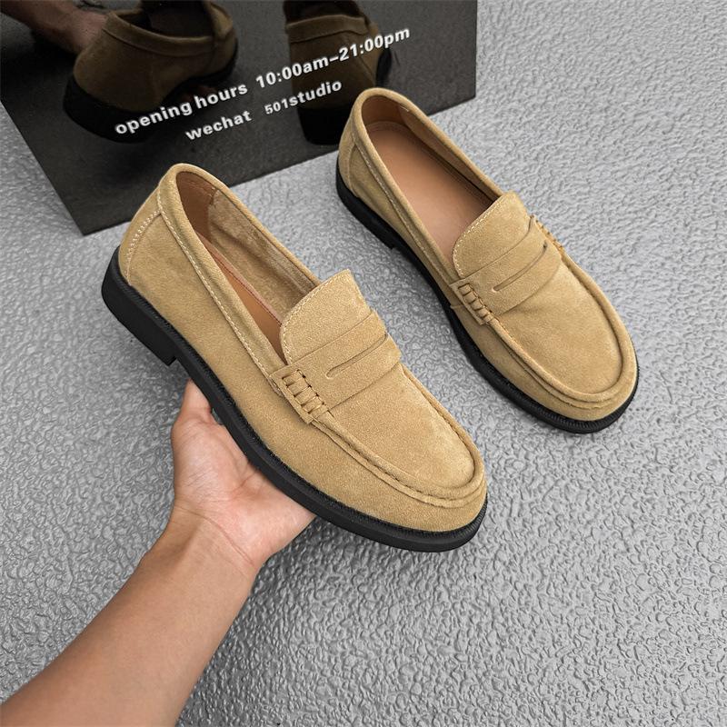 2025 new anti-velvet loafers matte round-headed beanie shoes lightweight classic retro leather shoes 18009 beige-J