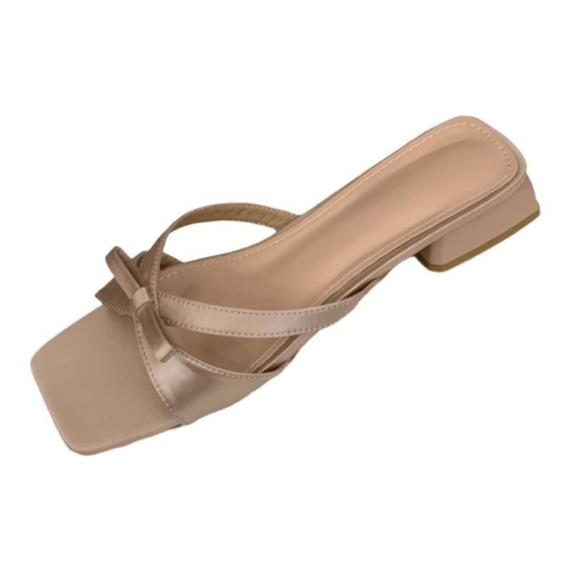 New bow-tied cool slippers with skirt square head thick heel silver sandals women