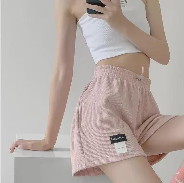 Damen Waffelshorts mit elastischem Bund - Lässige lockere Passform, Hochtailliert, Weites Bein, Schmale Sport-Hotpants