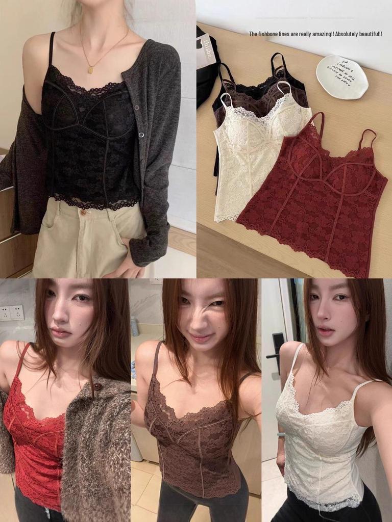 Herbst/Winter Französische Spitze Mit Stäbchen Verstärkte Rückseite Camisole - Warmes, Sexy Girly Basisschicht Top