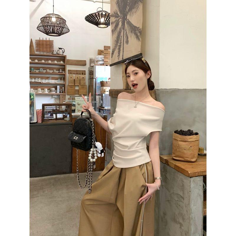 Kumikumi Fashion Set Women Basic White off-the-Shoulder Short sleeve T-shirt Summer Drape Casual Pants Two-piece Set