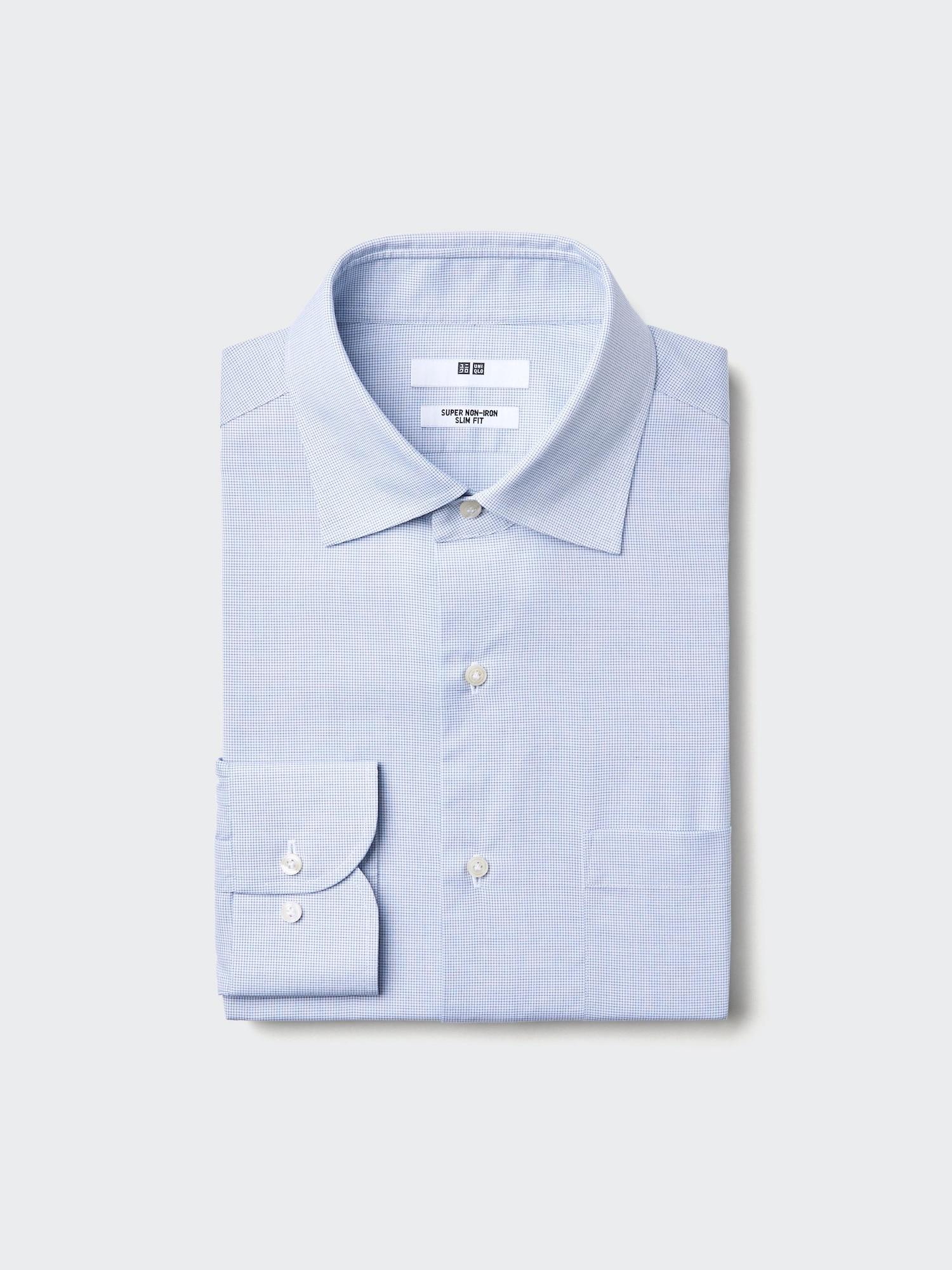 Uniqlo Япония Супер Негладящаяся Приталенная Рубашка Полуширокая Клетка 64 BLUE/XS