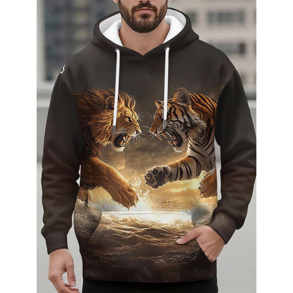 Funny 3D Animal Print Hoodie For Men Fashion Tiger Wolf Pattern Oversized Sweatshirts Autumn and Winter Casual Clothing Pullover