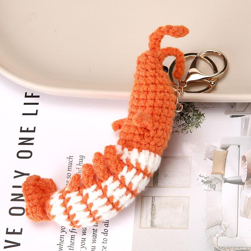 Cute Shrimp Charm Keychains Cartoon Mini Hand Knitted Car Keyring Lovely Handmade Weaving Bag Charms Backpack Handbag Pendant