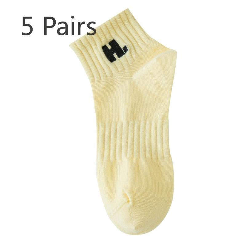 5 Pairs of Women's Spring and Autumn Cotton Short Tube Embroidery Sports Boat Socks