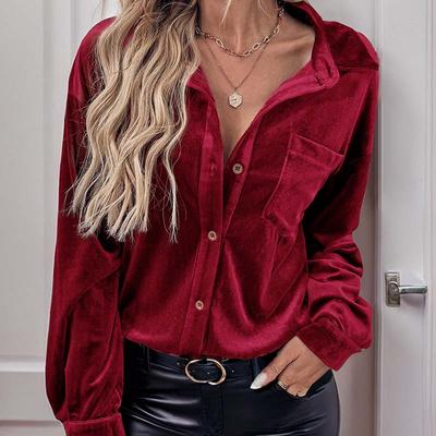 Women's Elegant Casual Velvet Blouses Winter Solid Long Sleeve Pocket Turn-down Collar Shirt Loose Vintage Warm Tops