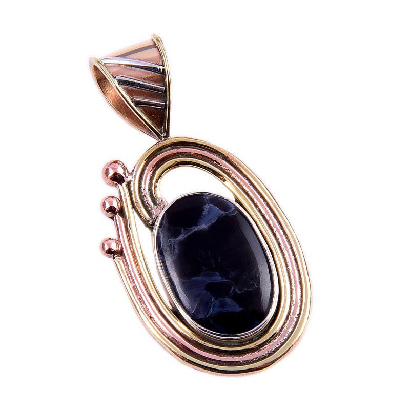 Pietră prețioasă naturală Pietersit Argint Sterling 925 Masiv Pandantiv Bicolor 1.50" g0m69