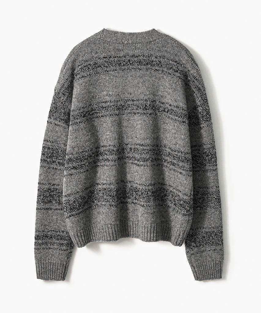 Trip Le Sens [100% Wool] Pure Light Jacquard Yarn Stripe Crop Cardigan_Gray Black