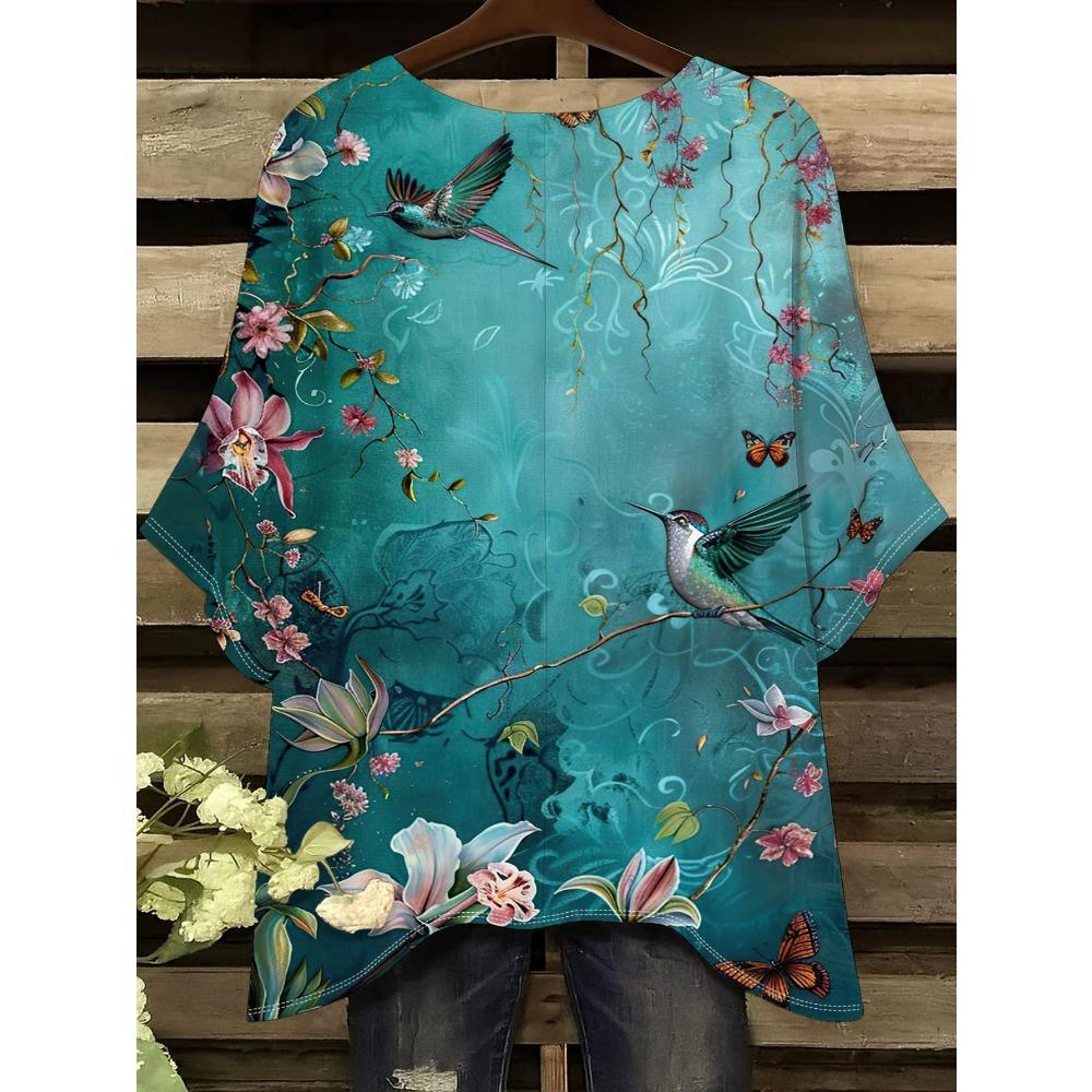 Hummingbird Flower Women's Large Size Short Sleeve T-Shirt, Irregular Hoop Design, Digital Printing
