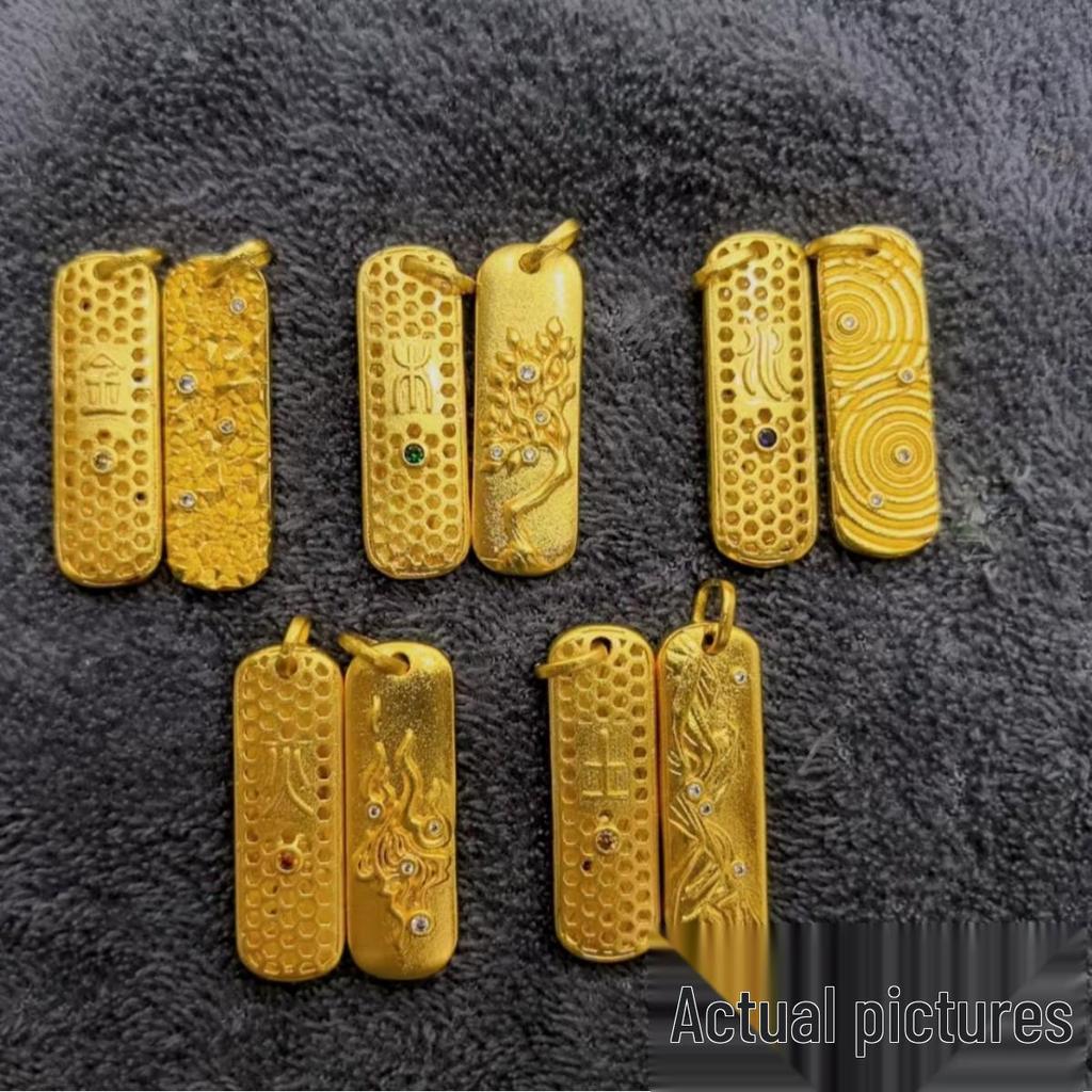 Ancient Gold Five Elements Pendant: Solid Chisel-Carved Square Bar Necklace - Gold, Wood, Water, Fire, Earth - Women's Gift