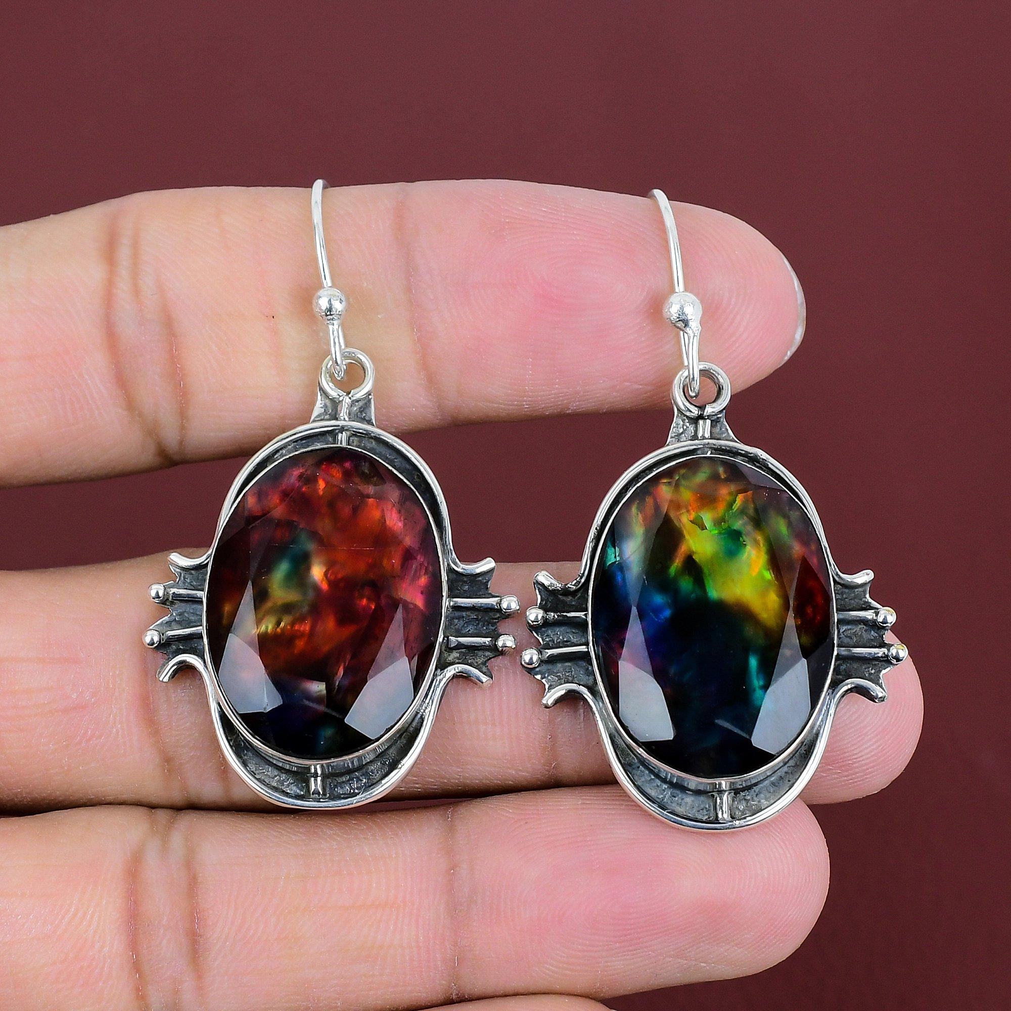 Faceted Ammolite Earring Natural Gemstone Earrings Handmade Dainty Jewelry 925 Sterling Silver Earring Ammolite Unique Jewelry Gifts For Her