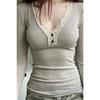 Women Gray Lace Trim V Neck Button Down Long Sleeve Slim Top