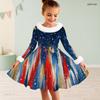 Girls Furry High Neck Long Sleeve Bow Waist Printed Red Blue White Star A Line Flared Dress