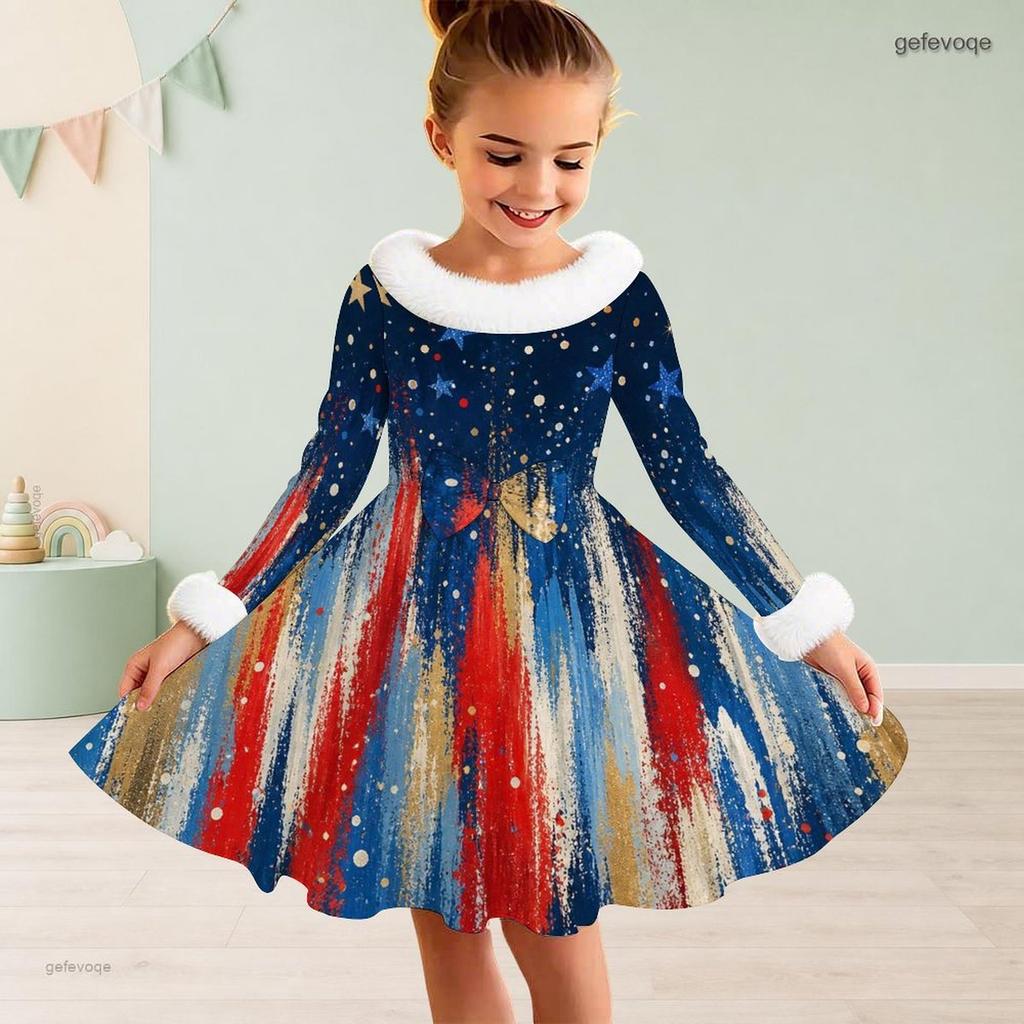 Girls Furry High Neck Long Sleeve Bow Waist Printed Red Blue White Star A Line Flared Dress