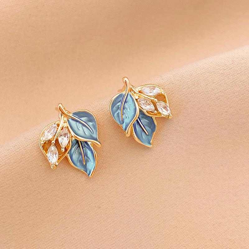 Blue Unique Leaf Earrings, Fashionable Small Fresh Earrings, Niche Light Luxury High-End Versatile Earrings