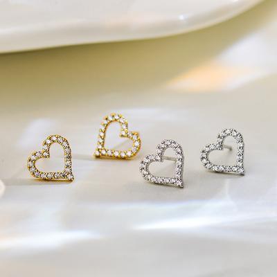 Diamond-inlaid Hollowed-heart Earrings Sweet Girly Heart-shaped Earrings for Women Fresh Style