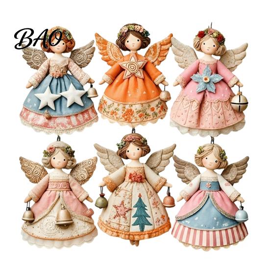 Wooden Angel Ornaments 6Pcs Vintage Ornaments, Christmas Hanging Decor Set Interior Door Frame Decorations with Jute String, Rustic Tree Pendant