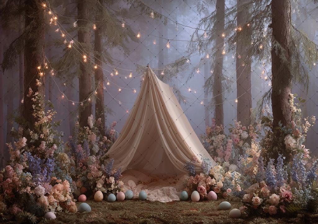Spring Easter Photography Background Boho Tent Colorful Eggs Flower Baby Shower Birthday Party Decor Kid Portrait Photo Backdrop