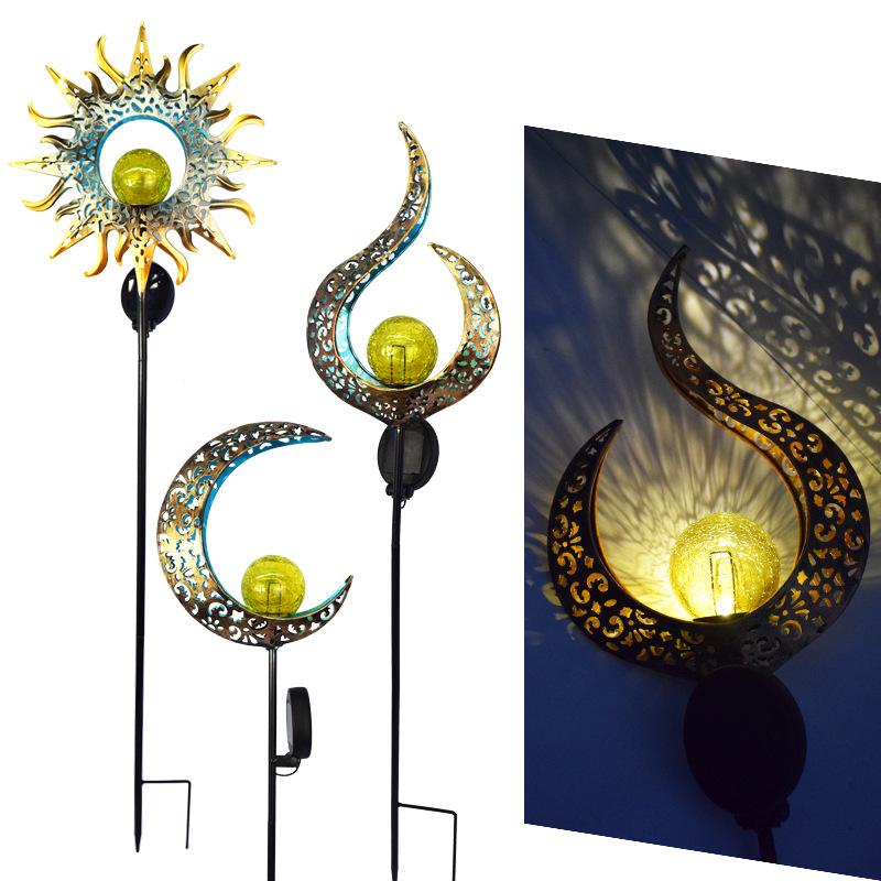 Antique Iron Art Solar Garden Lights: Moon & Sun Design Landscape Spotlight
