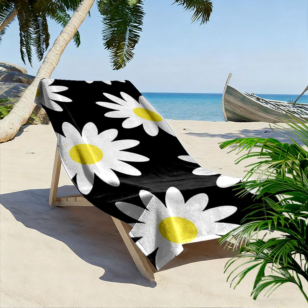 White Daisies on Black Background Beach towel quick-drying for travel outdoor sports jogging beach and swimming