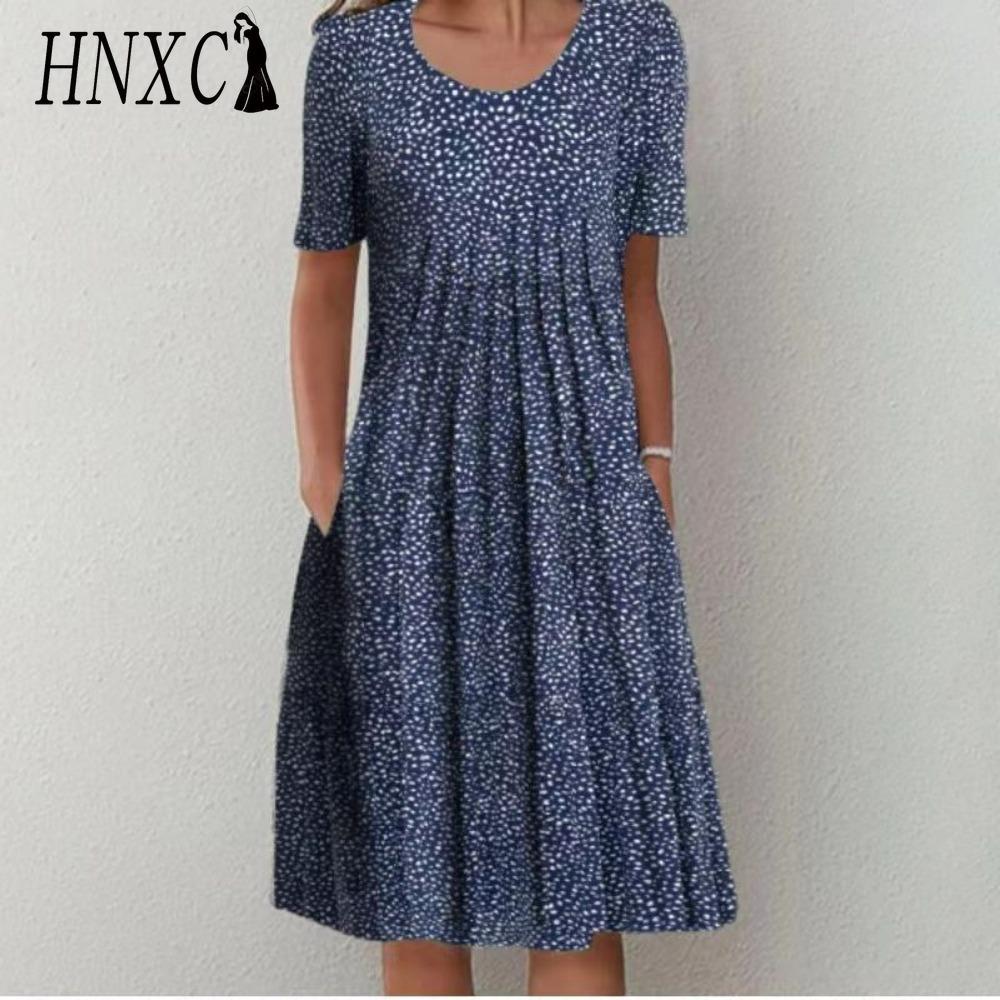 HNXC 30 Color Pleated Midi Dress Short Sleeve Round Neck Loose Hem Mid-Calf Length Women Floral A-Line Party Dress Casual Wear