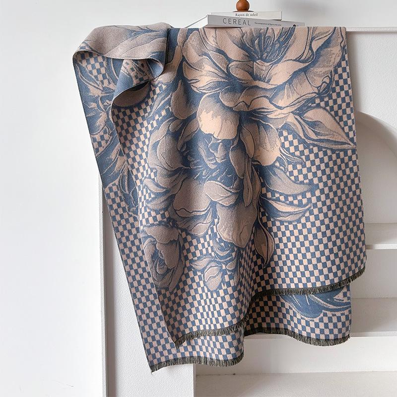 Imitation Cashmere Peony Artistic Sense Retro Style Texture Printing Double-sided Warm Scarf Shawl Woman