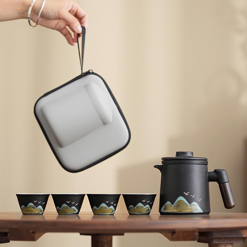 Guochao Accompanying Gift Coarse Pottery Office Cup Holiday Gift Qingshan Flying Bird Portable Car Express Travel Tea Set