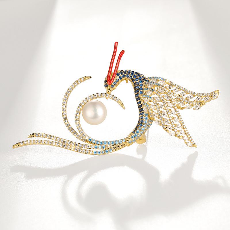 Phoenix Brooch with Arnao Freshwater Pearl - Elegant Coat Accessory Pin