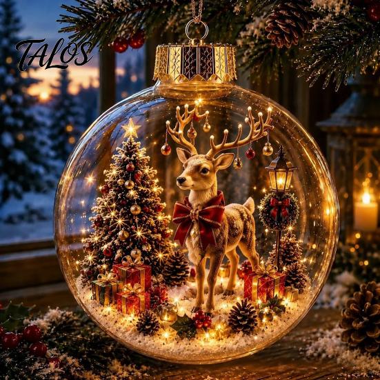 LED Christmas Baubles Glowing Scene Ornament Ball with Light for Tree Hanging And Tabletop Festive Lamps Decor, Transparent Acrylic Holiday