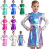 Kids Girls PU Leather Alien Costume: Shimmering Patchwork Dress for Halloween Cosplay, Cute & Unique Outer Space Look