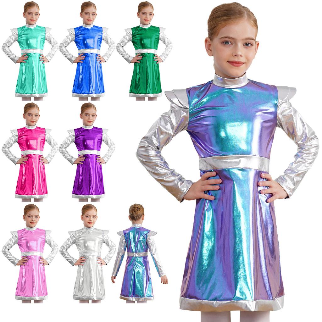 Kinder Mädchen PU-Leder Alien Kostüm: Schimmerndes Patchwork-Kleid für Halloween Cosplay, Süßer & Einzigartiger Weltraum-Look