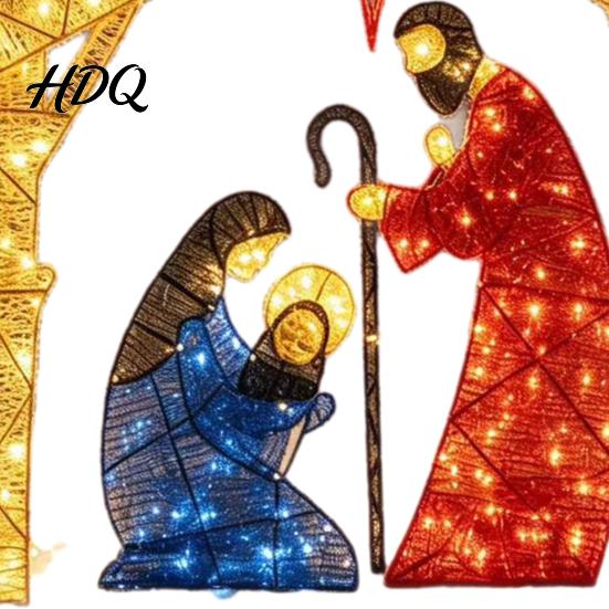 Festive Church Layout Ornament Lighted Nativity Garden Ornament Christmas Metal Yard Art with Glowing Bethlehem Star Statue LED Lights Light-Up