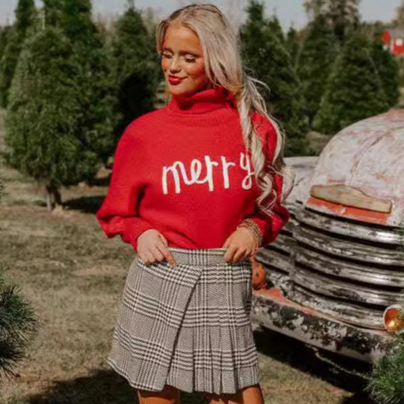 New Autumn and Winter Women's Christmas Turtleneck Sweater Loose Long Sleeve Knitted Pullover Top Woman