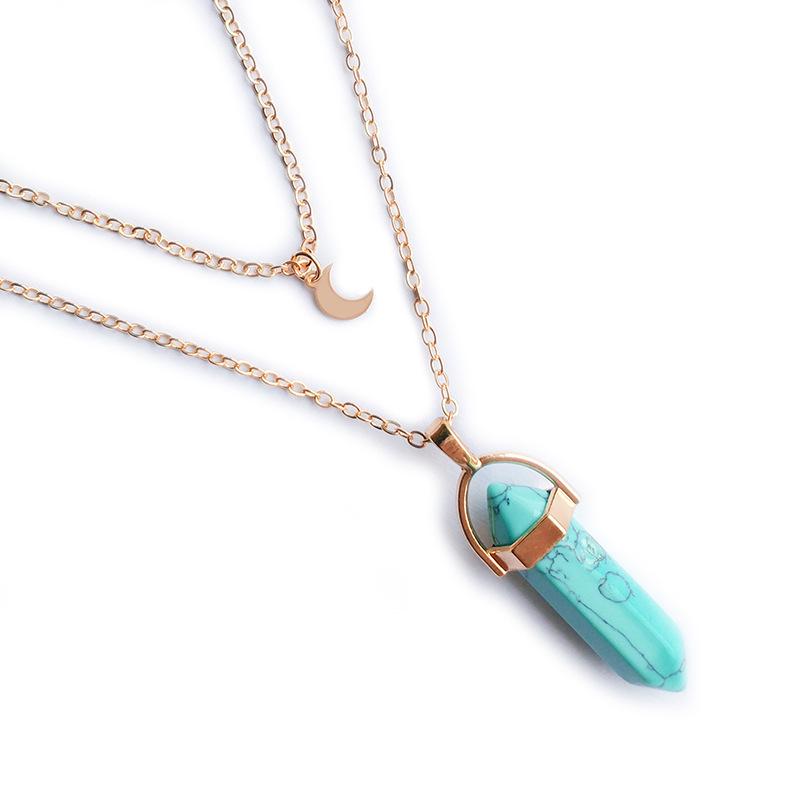 Natural Stone Hexagonal Moon Pendant Double-Layer Necklace - Stylish and Unique