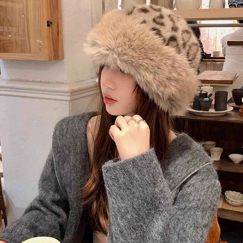 Winter Leopard Plush Ear Protection Cap Windproof Keep Warm Headgear Fluffy Fur Fisherman Hat Outdoor Warm Brimless Caps
