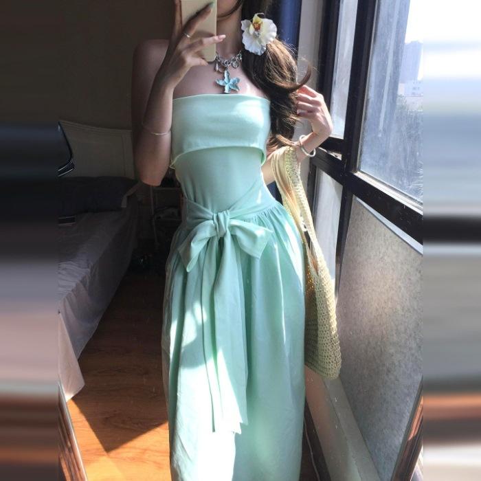 

Summer new French mint green tube top dress children s seaside vacation style waist off-the-shoulder dress S