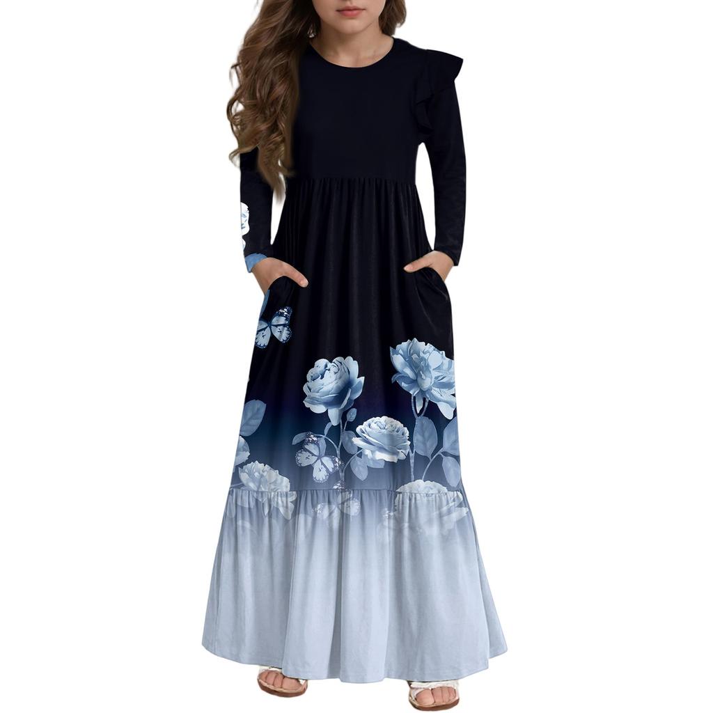 Girls' Tiered Ruffle Dress - Long Sleeve Printed Maxi With Pockets
