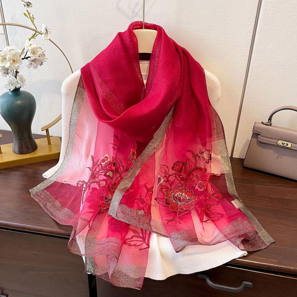 Imitation Silk Embroidered Long Silk Scarf for Women's Fashionable and Fashionable Mulberry Silk Sunscreen Scarf
