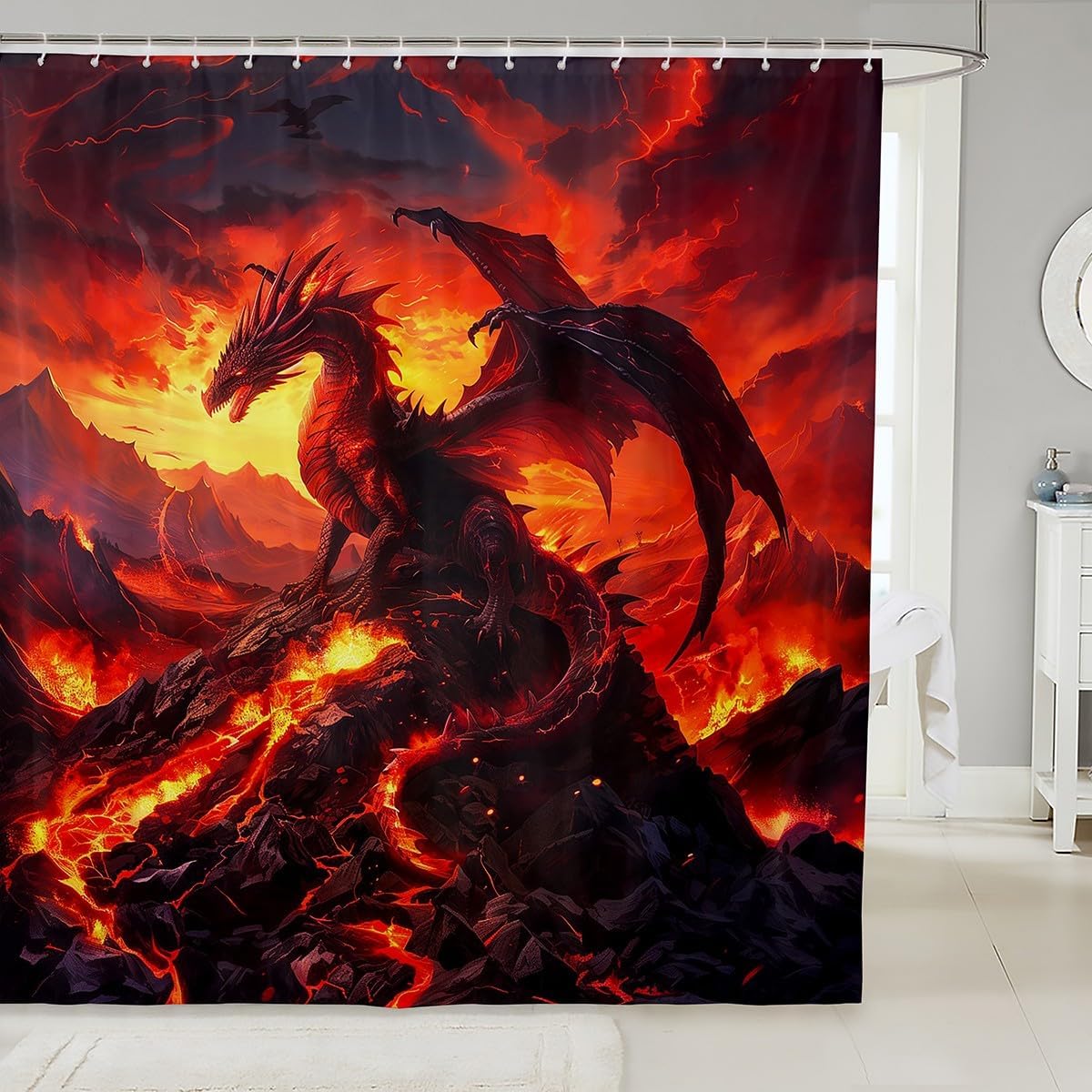 

Western Dragon Shower Curtain Volcano Flame Mountain Mystery Ancient Animals Retro Country Bathroom Decor Hooks W60H190(CM)-1 Pcs