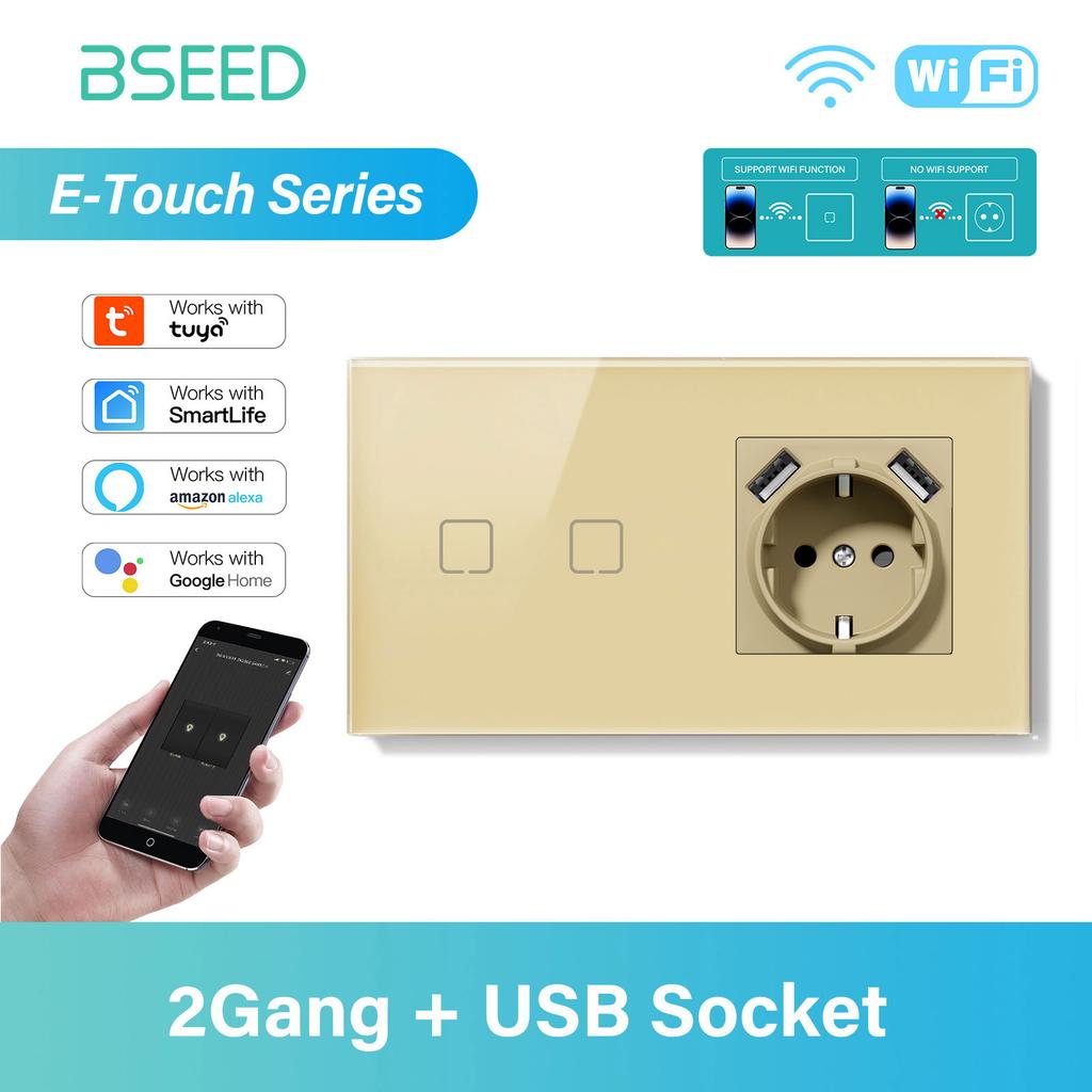 BSEED 1/2/3/4Gang WIFI Touch Switch Glass Smart Wall Light Switch Touch Screen Backlight Phone Fast Charge USB C Socket E Series