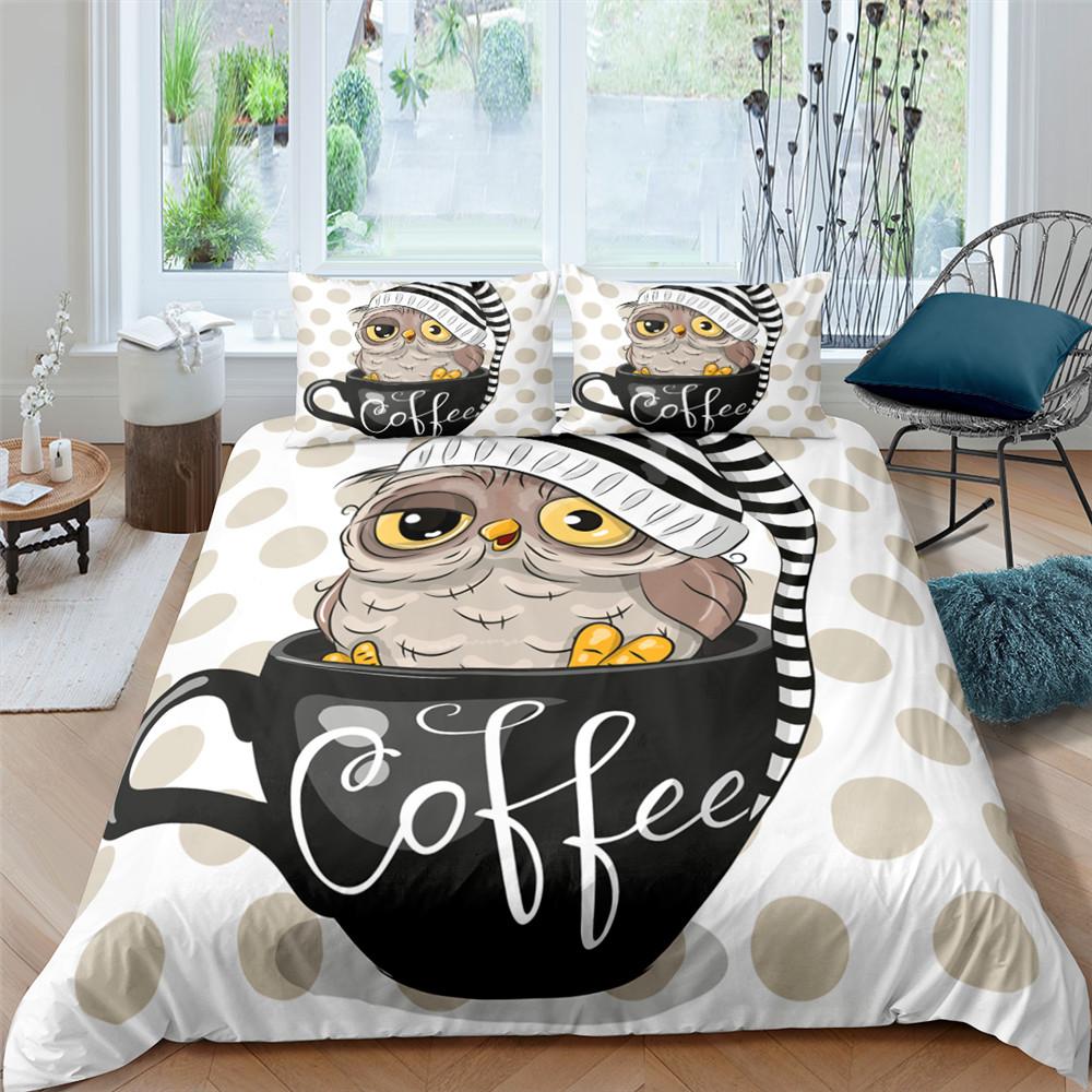 Cartoon Owl King Queen Duvet Cover Gray Cute Animal Bedding Set Pink Orange Grey Flowers Comforter Cover Polyester Quilt Cover