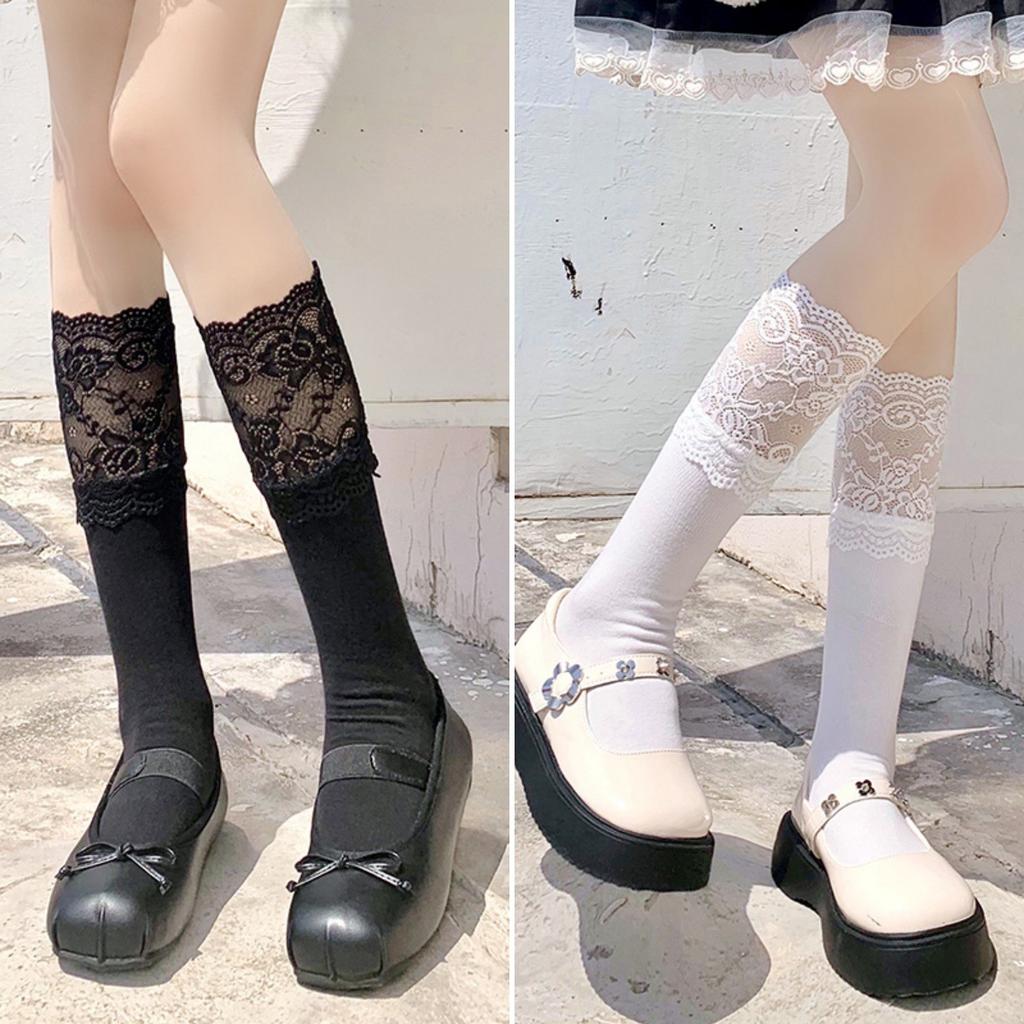 White Lace Calf Socks Women'S Lolita Medium Long Over Knee Socks With High Boots Sweet Thigh Pile Socks