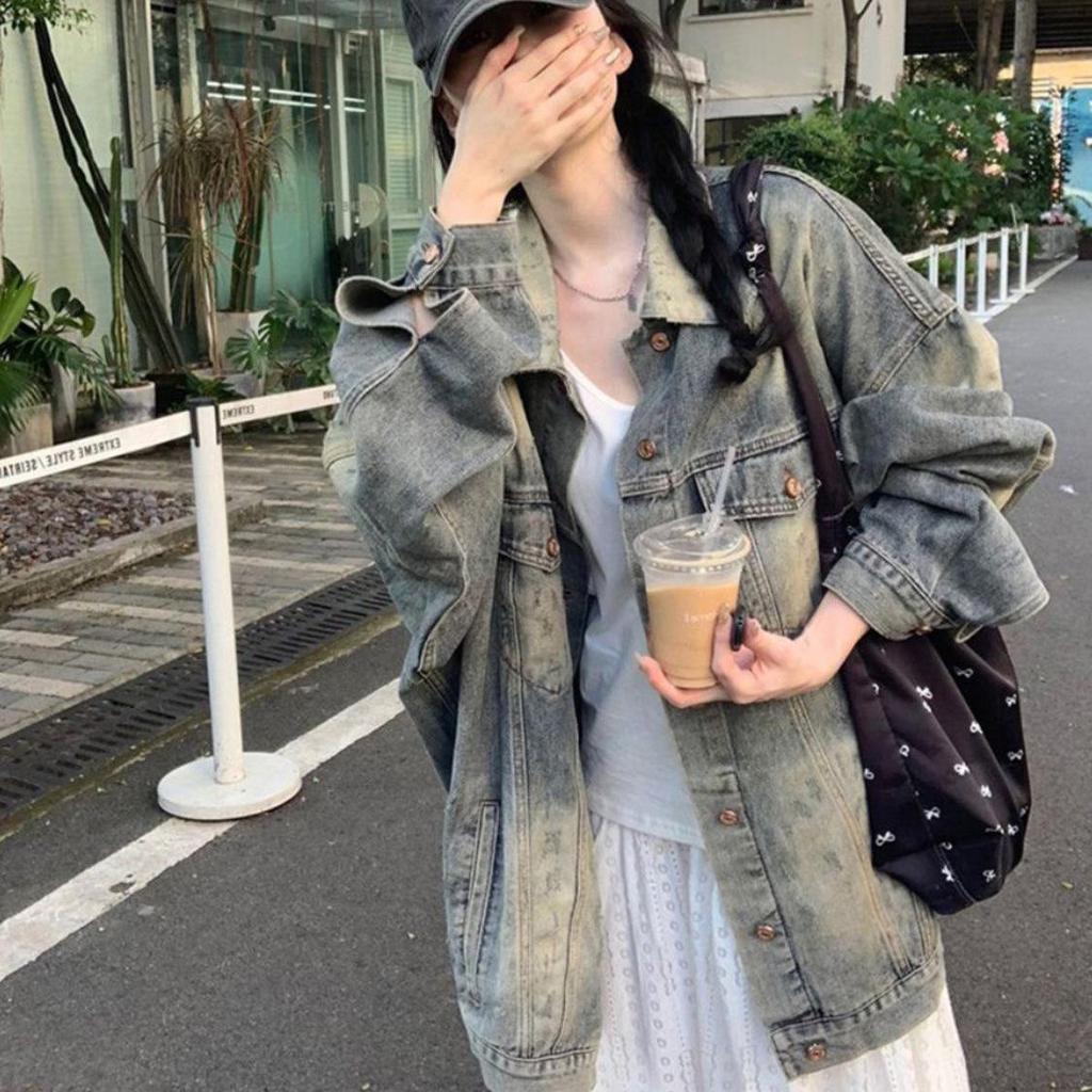 Retro Washed Distressed Denim Jacket for Women - 2025 Loose Mid-Length Hong Kong Style, Spring/Autumn Fashion