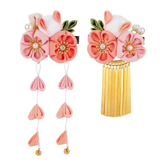 Bethany Home Tsumami Zaiku Hair Accessories Set of 2, Rabbit & Flower Design, Pink, Cute Clips for Japanese Traditional Wear, Coming-of-Age