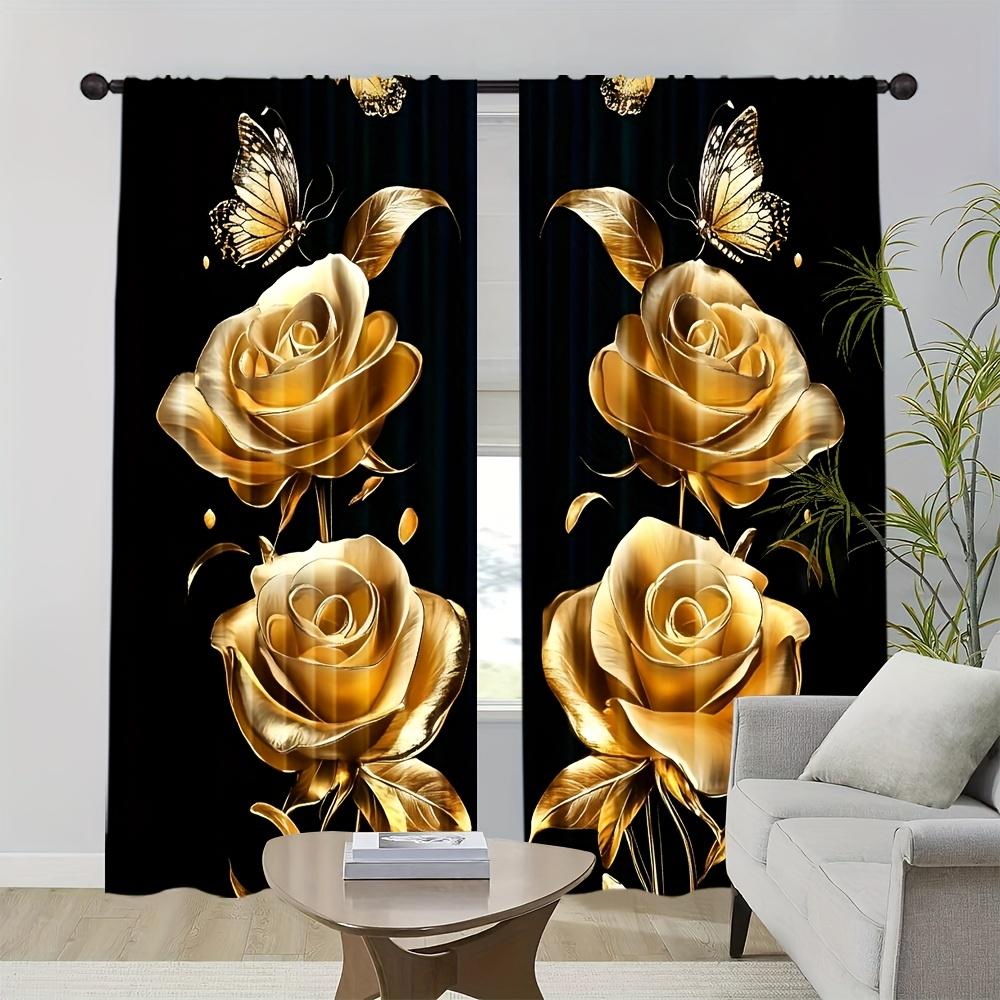 Golden Rose Butterfly Curtains All Season Home Decor Bedroom Living Room Kitchen Rod Not Included Curtain Polyester Perfect For Sitting