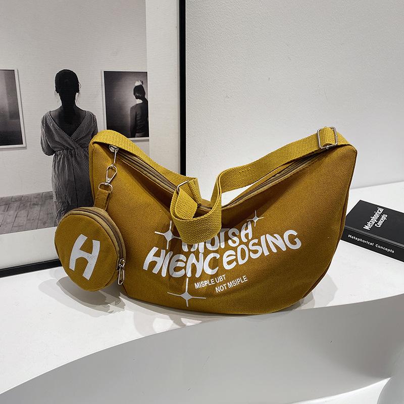 College Canvas Bag Casual Crescent Bag Letter Printed Large Capacity Crossbody Dumplings