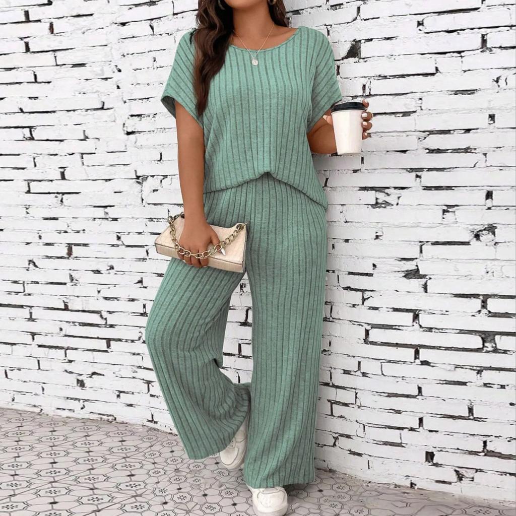 Women's Fashion  Color Casual Summer New Ribbed Top And Pants Set